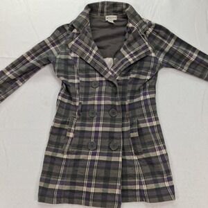 Self Esteem Jacket Womens M Pea Coat Grey Purple Plaid Double Breasted EUC